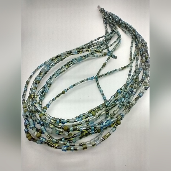 Green & Blue Multi 10 Strand Seed Bead 9" Costume Necklace - Picture 3 of 8